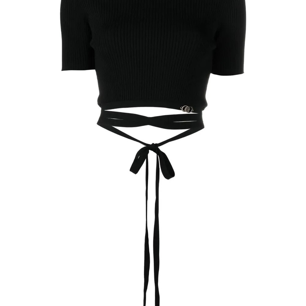 Black Ribbed Crop Top with Wrap Tie